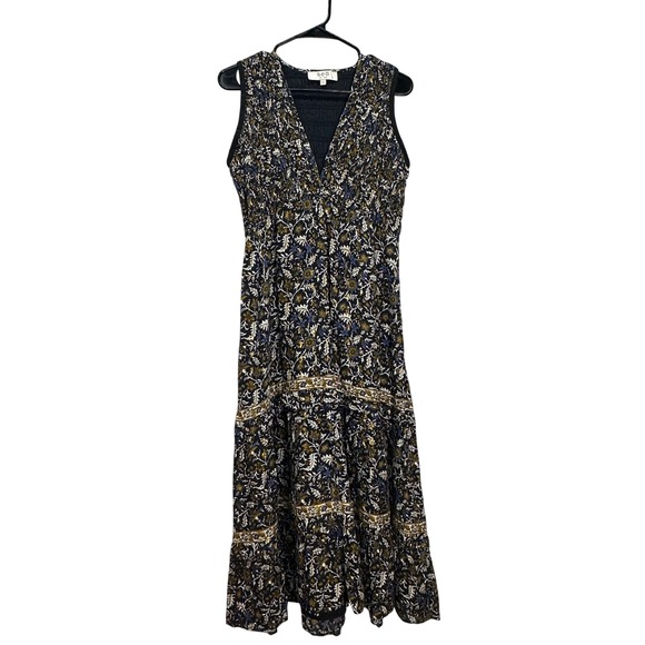 Sea New York Floral Smocked Tiered Midi Dress Black Gold Metallic Lurex Size 6 - Picture 2 of 7
